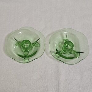 Vintage Green Uranium Lotus 3 Footed Glass Candlestick Holders Set of 2